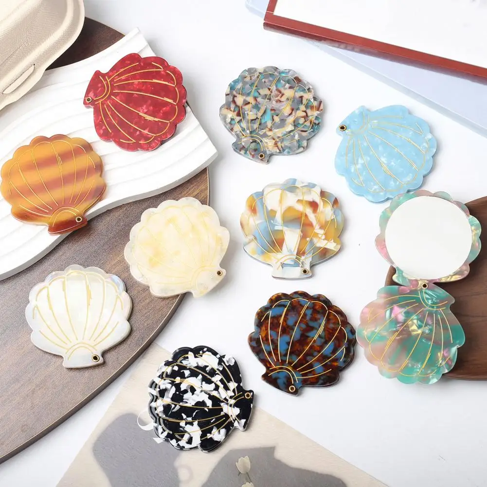 مرآة مكياج قابلة للطي على شكل صدفة، مرآة جيب بتصميم لطيف للنساء والفتيات، مرآة لمستحضرات التجميل المحمولة الأساسية للسفر