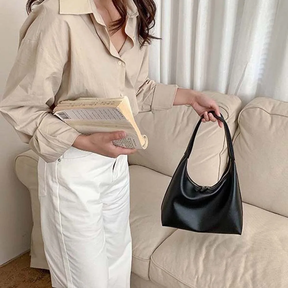

Classic Elegant Soft PU Tote Bag Korean Style Pockets Underarm Bag Anti-Splash Water Black Solid Color Handbag Shopping