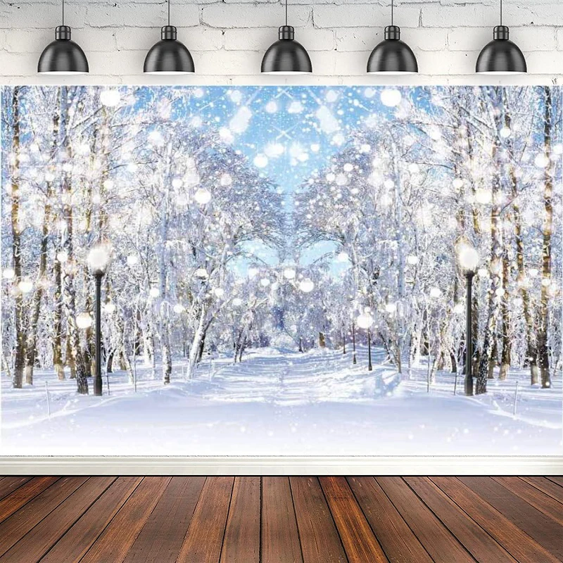 

Winter Scene Photography Backdrop Snowflakes Background Snow Forest Landscape Tree Road Bokeh Glitter Baby Shower Birthday Party
