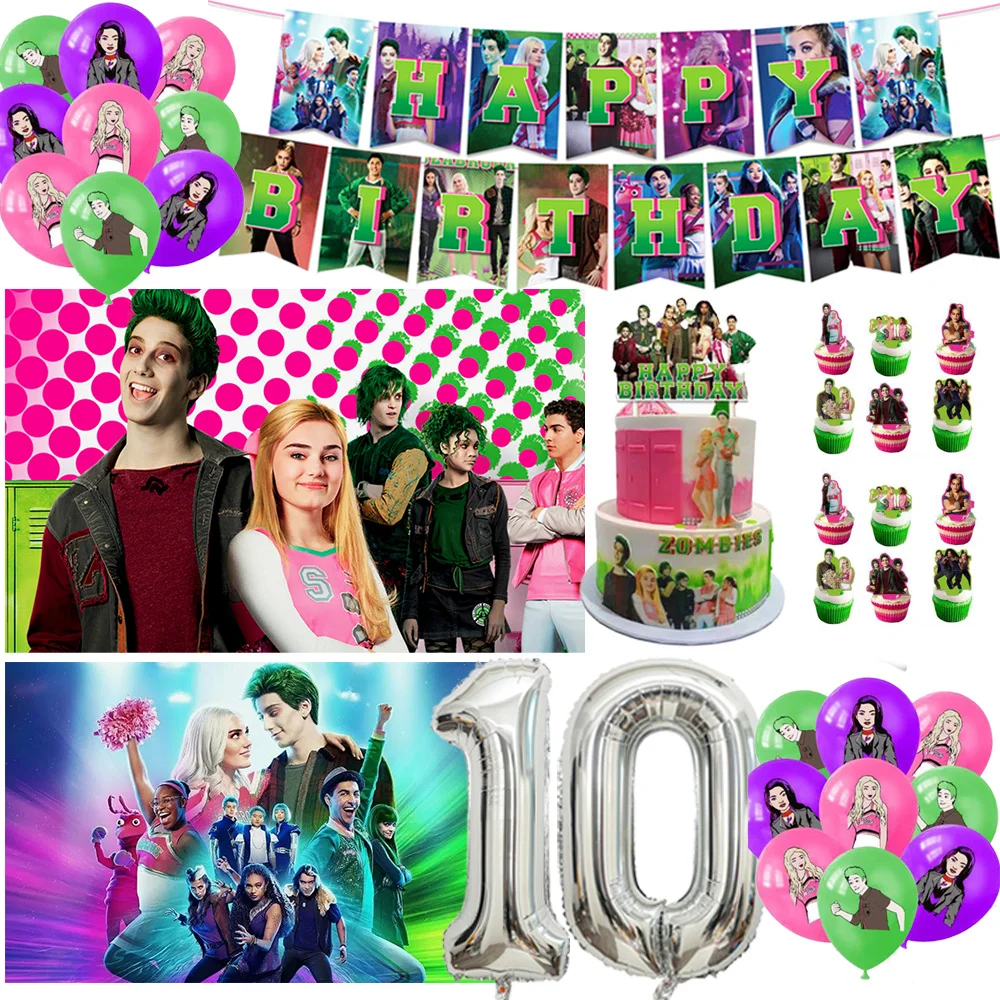 

Disney Zombie High School Birthday Party Decorations Number Balloon Backdrop Banner Cake Topper Baby Shower Prop Party Supplies