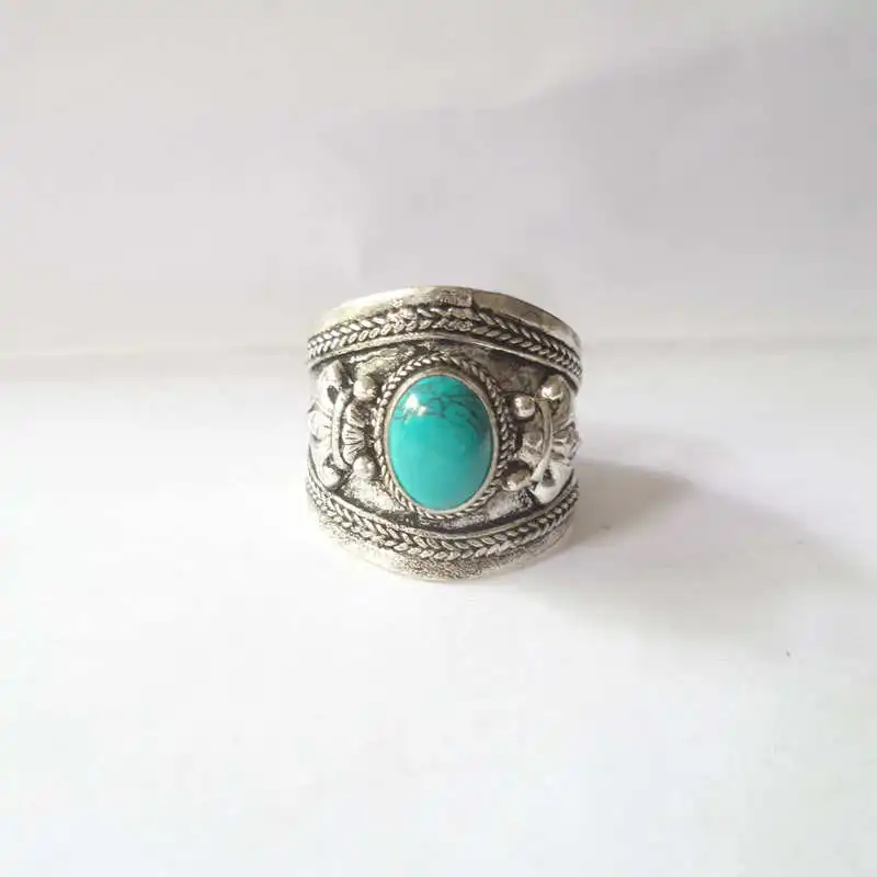Tibetan Rings for Man Metal Copper Inlay Simulated Turquoise Open Ring Tibet Dorje Amulet R137