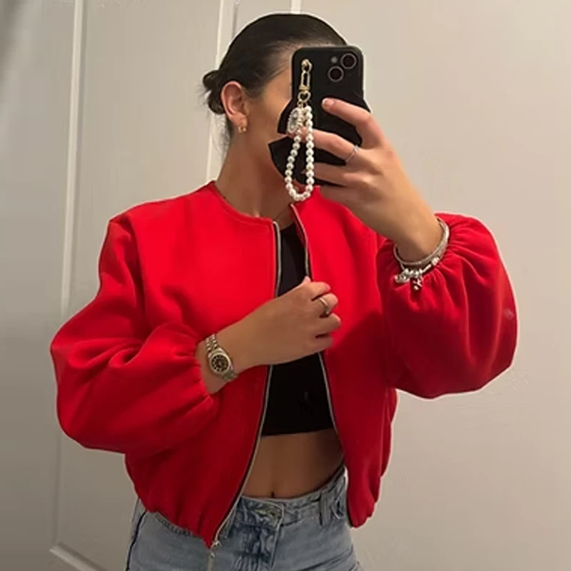 HXAO Women's Jackets Cropped Loose Outerwears Red Grey Off White Black Jacket Zip Up Long Sleeve Top Casual Varsity Bomber Coat