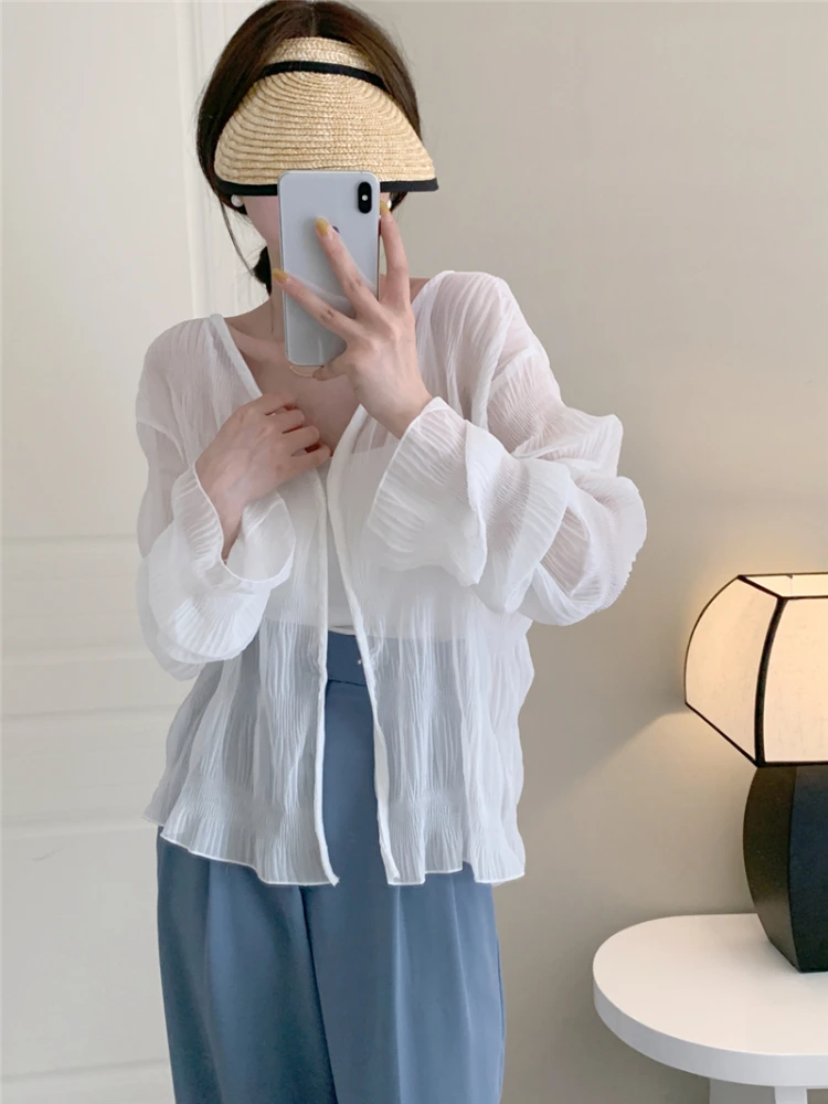 Sun Proof Shirts Women Thin See-through Summer Loose All-match Fashion Chic Breathable Folds Casual Minimalist Elegant Ladies