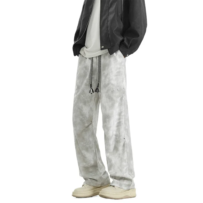 2025 Four Seasons New Fashion Men's Simple Tie Dye Casual Trendy Wide Leg Straight Loose Trousers Male Drawstring Pants Clothes