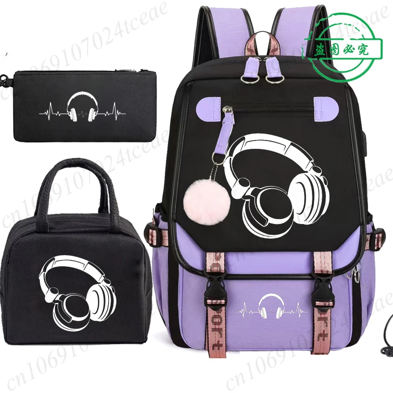 Headphone Music Lover Cartoon Schoolbag School Backpack Teens Casual Daypack Music Dj Student Back To School Bookbag 3pcs/set