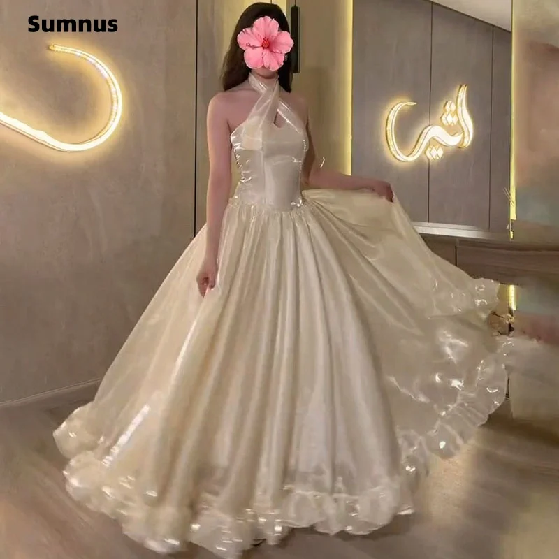 Sumnus Elegant A-Line Prom Dresses Ivory Silk Satin Halter Ruffle Draped Maxi Women Evening Dress vestidos gala Customized