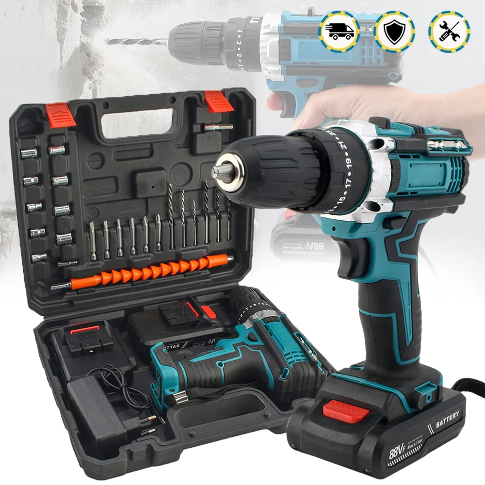 Akku-Schlagbohrschrauber, elektrischer Schraubendreher, wiederaufladbarer Handhammer, Elektrowerkzeug, 25 + 3 Drehmomentreiber, Li-Ionen-Akku