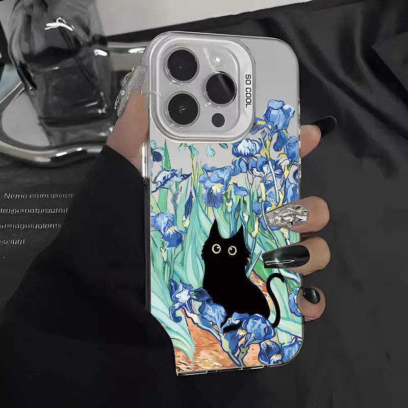 Retro Oil Painting Van-Gogh Flower Art Cat Plating Phone Case For iPhone16 15 11 13 12 14 Pro Max 7 8 16 Plus SE2 X XS XR Cover