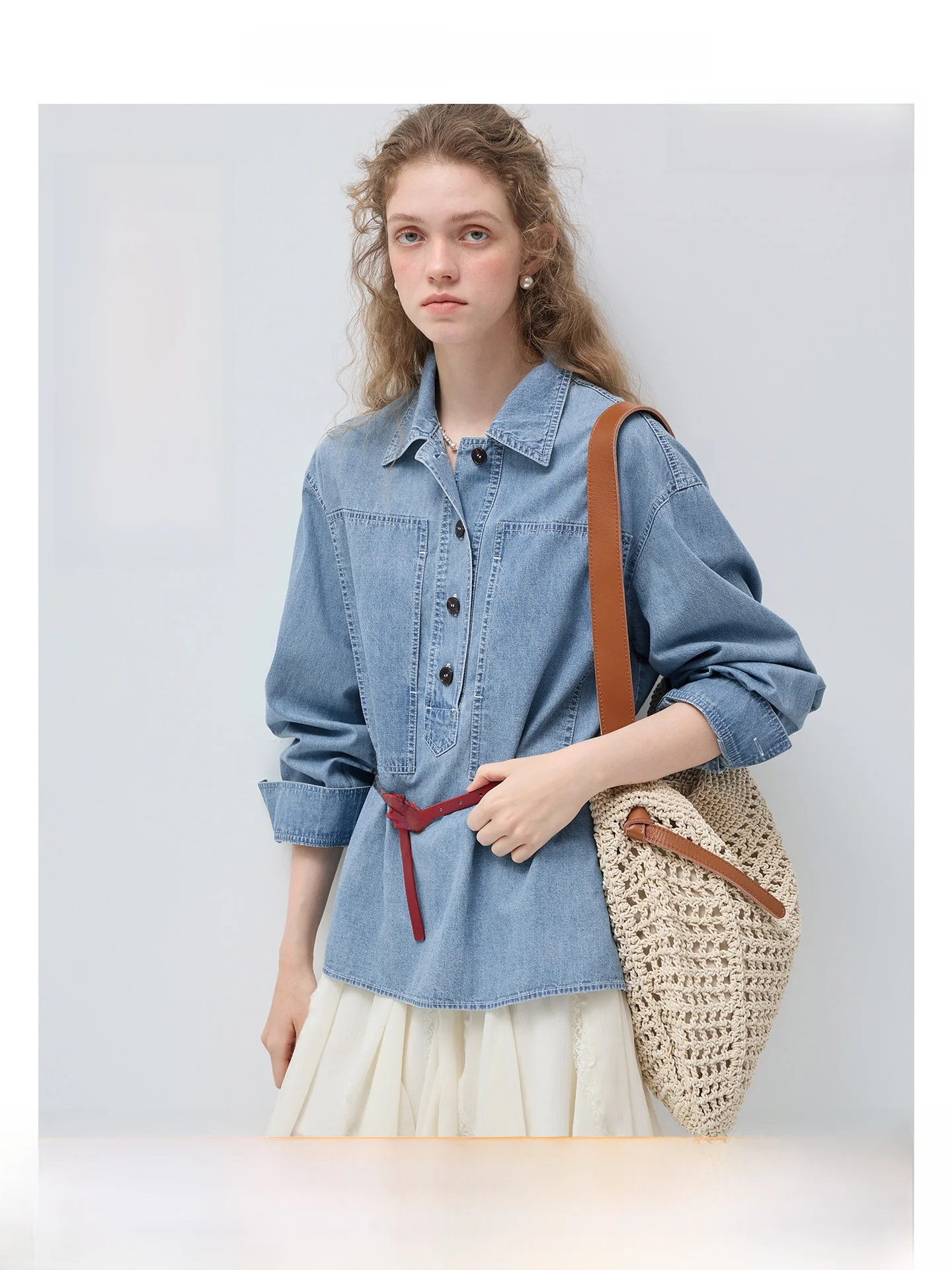 

VEGA CHANG Women's Washed Denim Shirt Casual Commute Breathable Loose Fit Long Sleeve Button up Top Korean Style Spring 2026