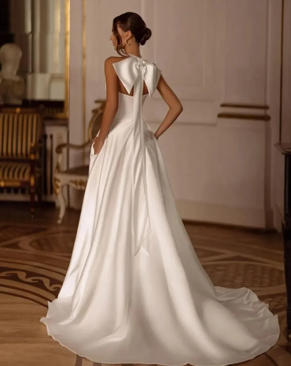 Modern A-line Wedding Dresses 2024 Halter Neck Bow Sexy Side Split Satin Bride Gowns Robe de Mariage Casamento Vestidos De Novia