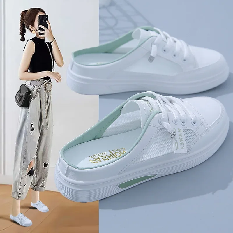 

Fashion white shoes for women new style thick sole wild flat summer thin slippers half slippers