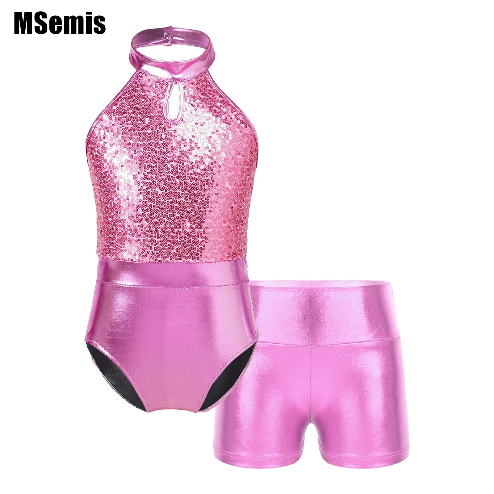 

Kids Girls Sequin Dance Outfit Sleeveless Halter Patchwork Leotard with High Waist Shorts for Gymnastics Performance