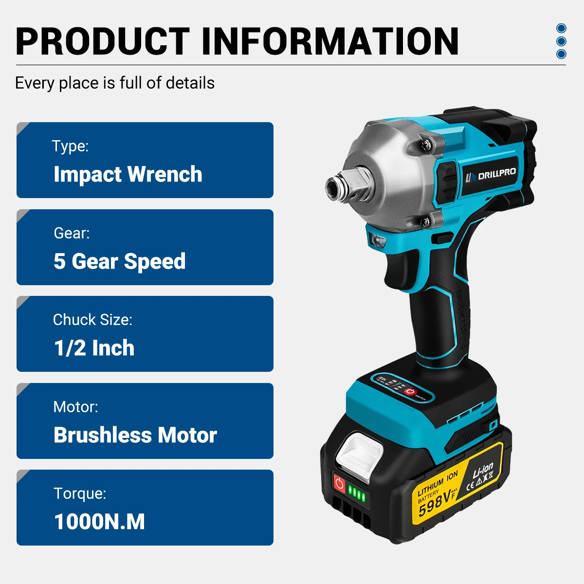 Drillpro 1000N.M Torque Brushless Electric Impact Wrench 1/2 inch Screwdriver Cordless Wrench Power Tools For 18V Battery