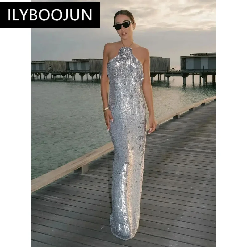 Women Sexy Halter Flower Sparkly Sequins Glitter Silver Long Bodycon Dress Party Evening Birthday Dress Costume Vestido