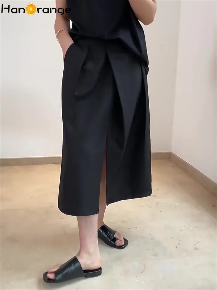 HanOrange-Jupe plissée fendue sur le devant pour femme, droite, midi, décontractée, vêtements vintage, noir, rose, été, 2024