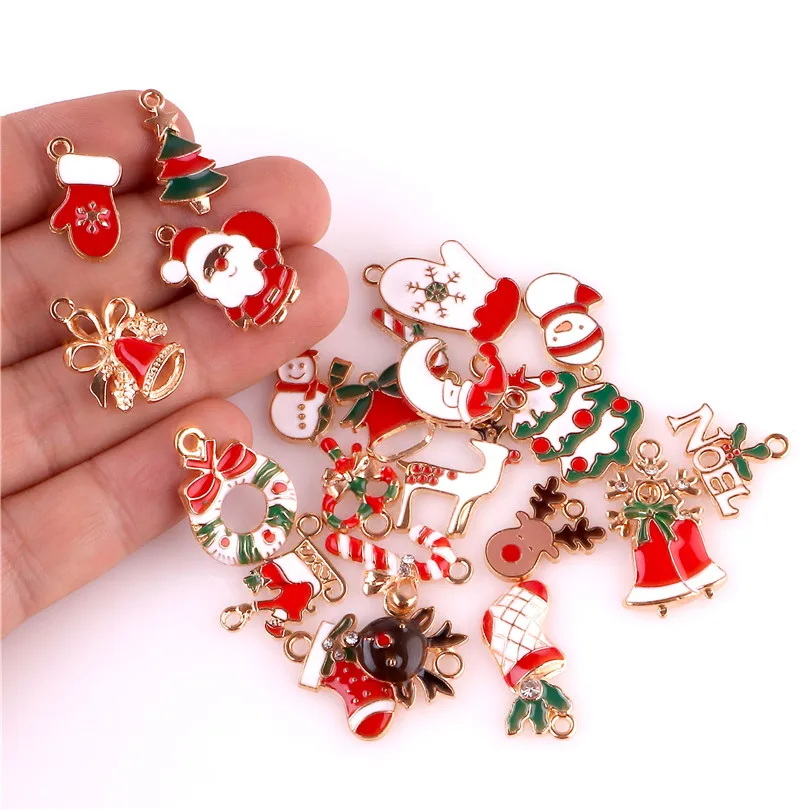 24pcs Mix Dripping Oil Christmas Pendant Jewelry Making Supplies Santa Claus Elk Deer Gift Snowflake Charms In Bulk DIY Material