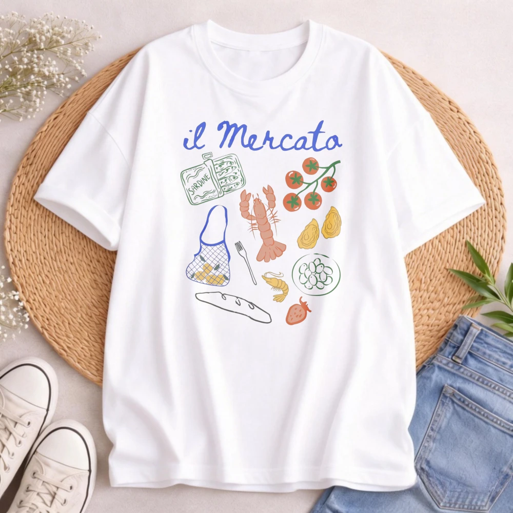 Футболка Il Mercato: Итальянский рынок, Сардины, Устрицы, Лобстеры, Томаты. Летняя одежда для девушек в стиле Амальфи.