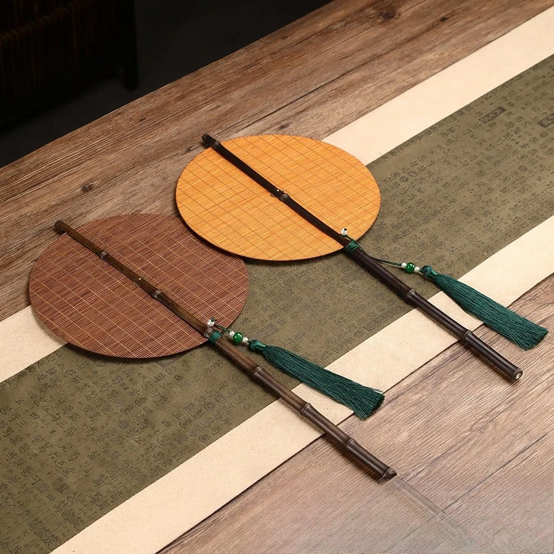 Handmade Bamboo Folding Round Fan Portable Rotatable Hand Fan With Tassel For Dance Performance Home Decoration