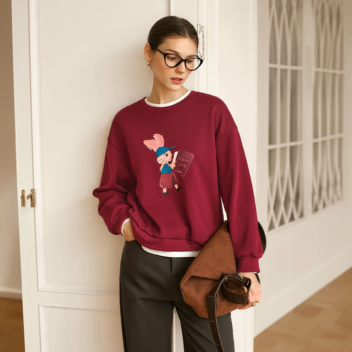 OLrain Red Cotton Sweatshirts Women 2025 Autumn Vintage Thick O-neck Printing Drop Sleeve Casual Lazy Ladies Pullover O56DR95226