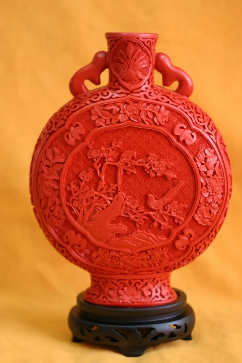 

11 inches/Exquisite Chinese Classical Traditional Technology Red Lacquer Flower Bird Designs Auspicious Vase No.5