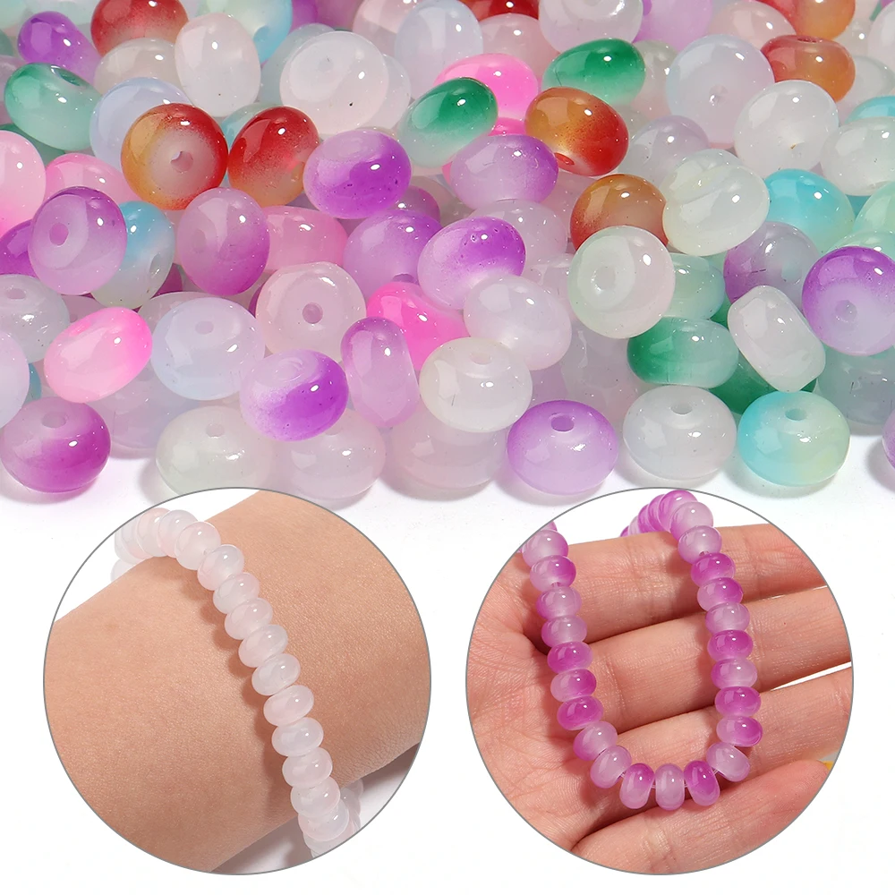 50pcs/lot Two‑Tone Imitation Jade Abacus Glass Beads Flat Round Loose Spacer Bead for DIY Bracelet Necklace Jewelry Making