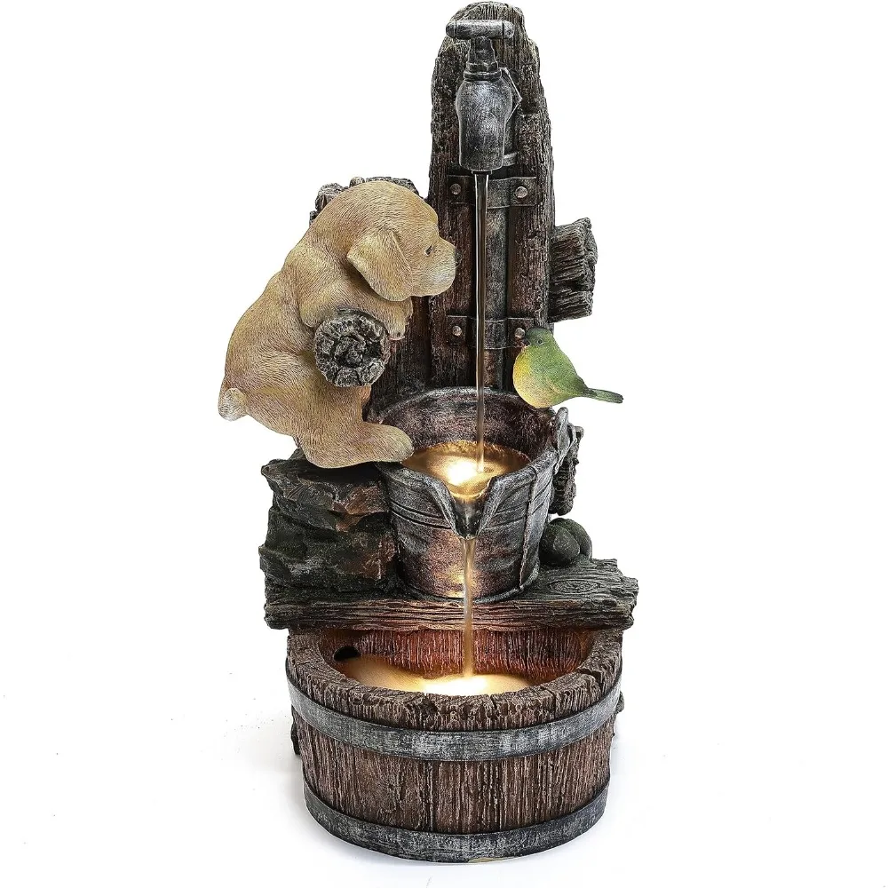 Water Fountain Outdoor, Puppy At The Farmhouse Faucet Resin Outdoor Fountains, 25