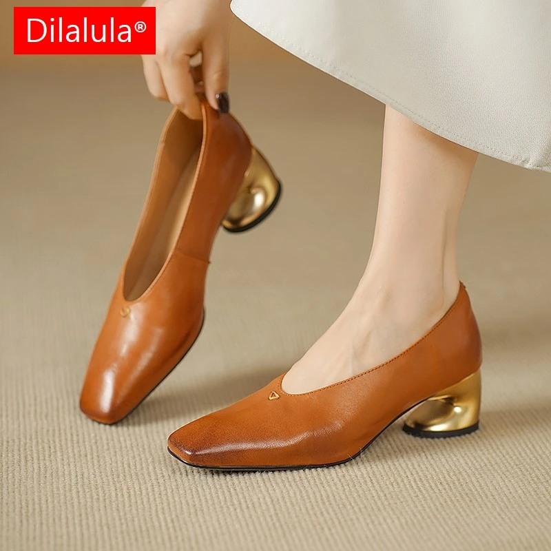 Dilalula 2025 Newest Genuine Leather Pumps Women Square Toe Shallow Med Strange Heels Office Ladies Dress Shoes Party Female