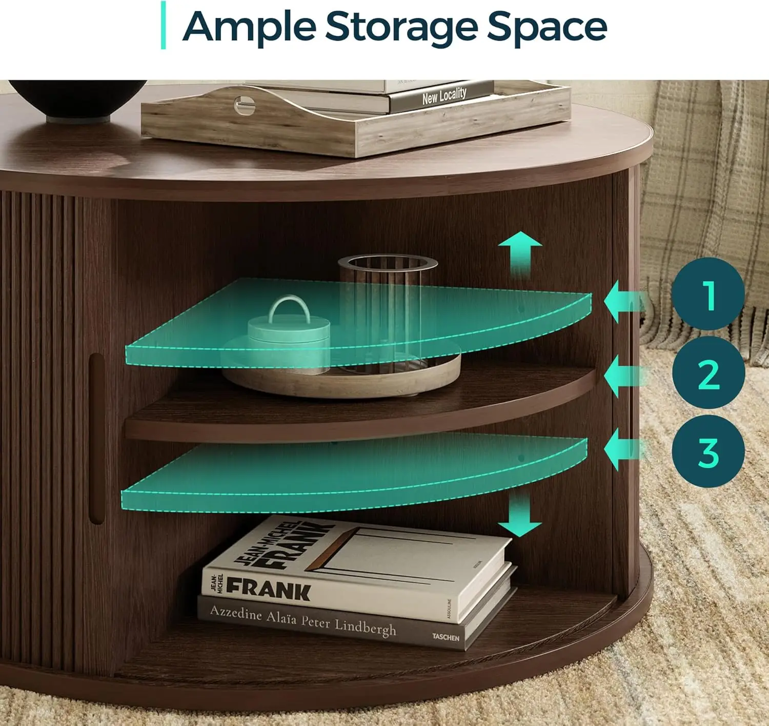 31.5" Drum Coffee Table with Sliding Tambour Door, Fluted Accent Center Table with Storage, Mid Century Modern Coffee Table