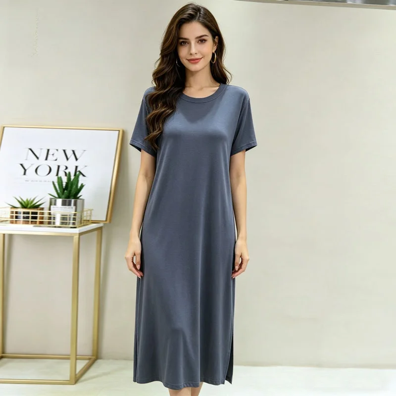 Casual Elegant round Neck Short Sleeve High Waist Modal Dress Women's Long Skirt Fashionable Versatile Summer Leisure Dress