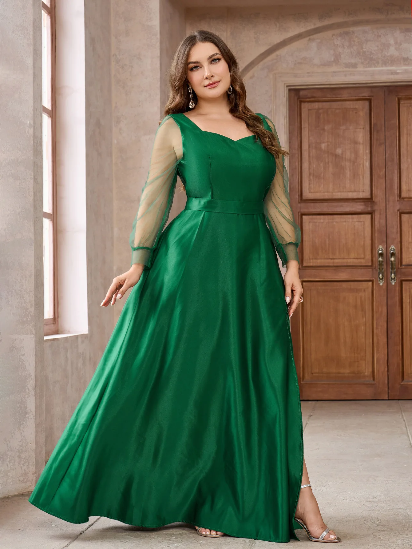 Plus Size Womens Green Satin Formal Wedding Guest Evening Party Maxi Dresses Long Sleeve Maxi Cocktail Long Dresses Vestidos