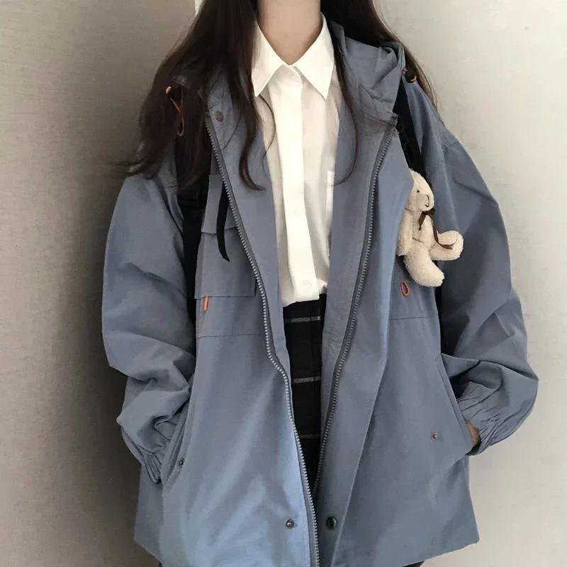 

Women Solid Oversize Jacket Harajuku Korean Casual Loose Hooded Coats Spring Autumn Zip Preppy School Girls Vintage Streetwear