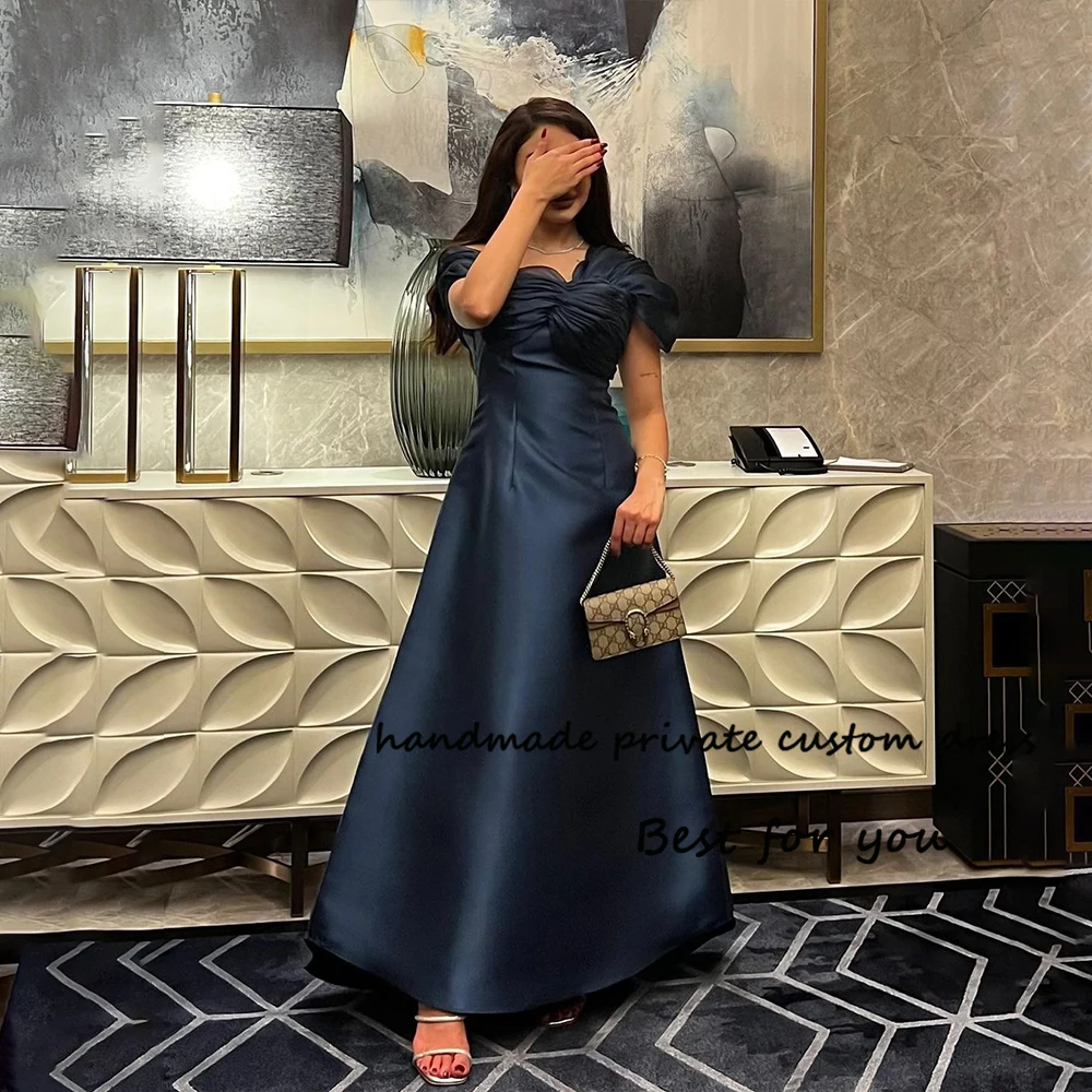 

Navy Blue Satin A Line Evening Dresses Off Shoulder V Neck Arabian Dubai Prom Dress Floor Length Formal Occasion Gowns