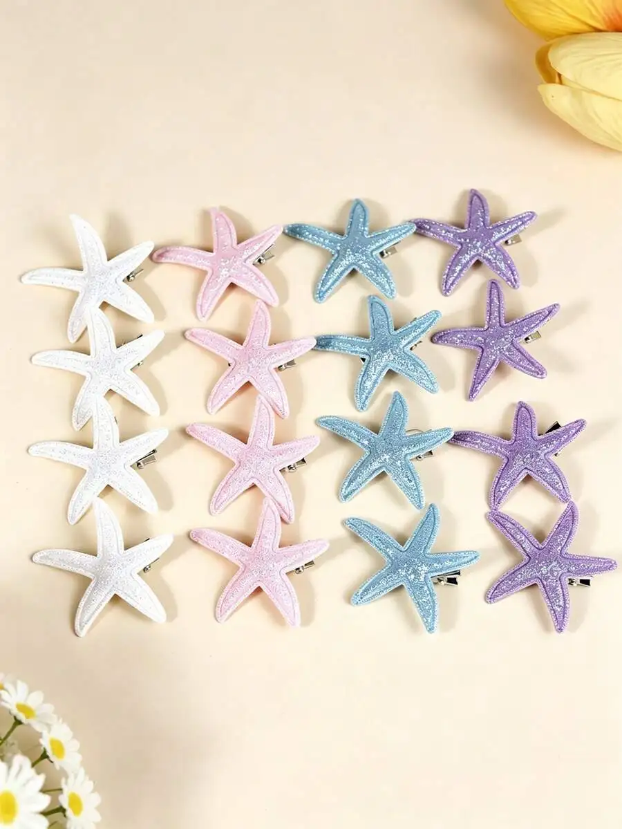16pcs Sparkling Starfish Hair Clips For Women, Mermaid Style Ocean Theme Hair Accessories, Summer Beach Party Hair Claws view 2