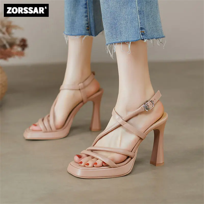 Genuine Leather Open Toe High Heels Sandals Women New Summer Shoes Fashion Sexy Ladies Dress Shoes Female Roman Sandal Thin Heel