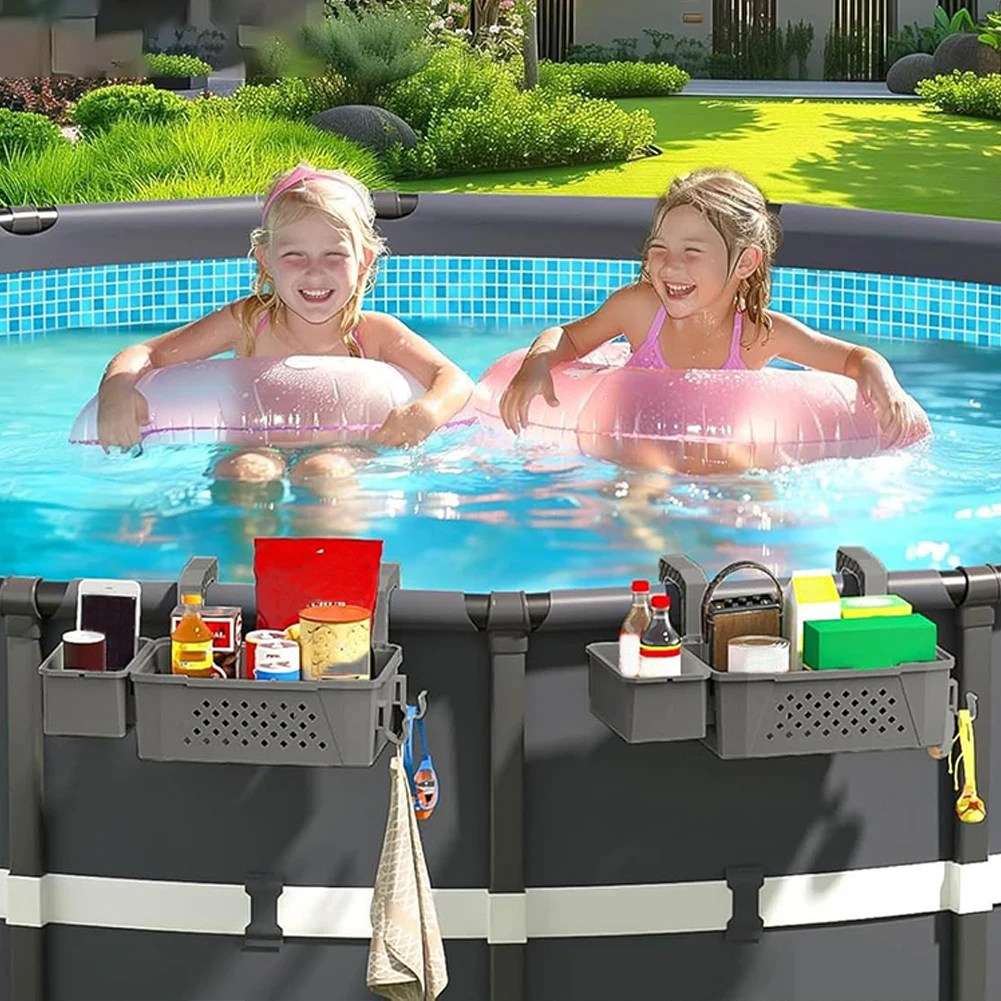 سلة تخزين حمام السباحة، رف حمام السباحة، حامل مشروبات بلاستيكي قابل للإزالة، سلة تخزين حمام السباحة، حامل شبكي لحمام السباحة فوق الأرض #3