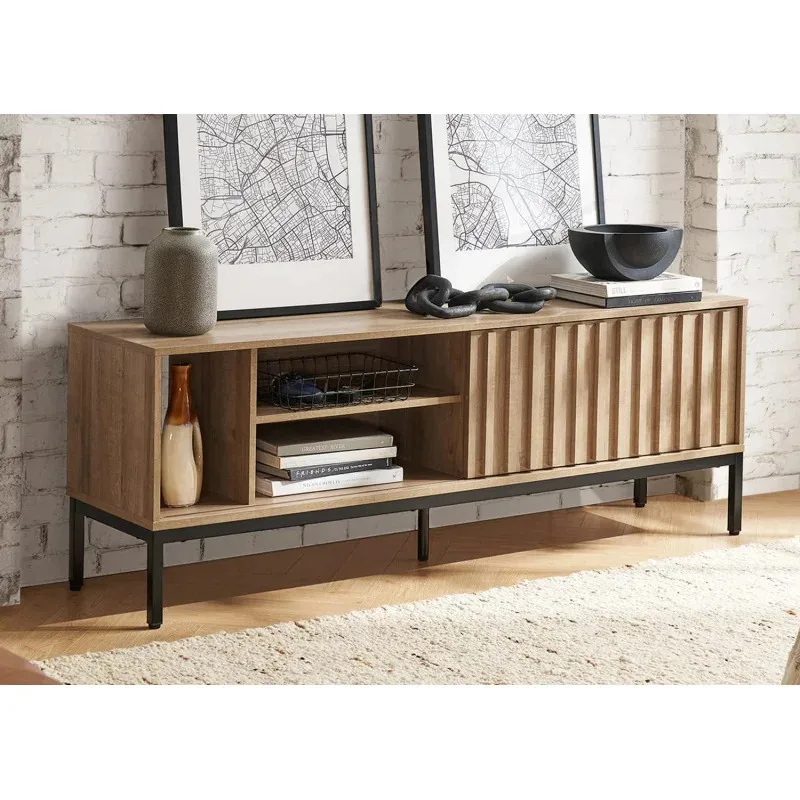 

QWmmopio Norwin Rustic Industrial Modern TV Stand,Media Cabinet,TV Console Suits TV up to 70 in,Fluted Panel Sliding,Adjustablee