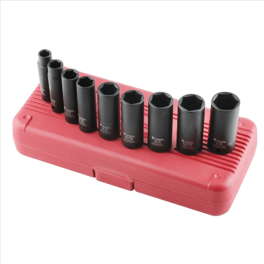 

K-Tool 32200 9-piece 3/8 Drive Fractional SAE Deep Impact Socket Set for Heavy-Duty Automotive Repair Industrial Maintenance an