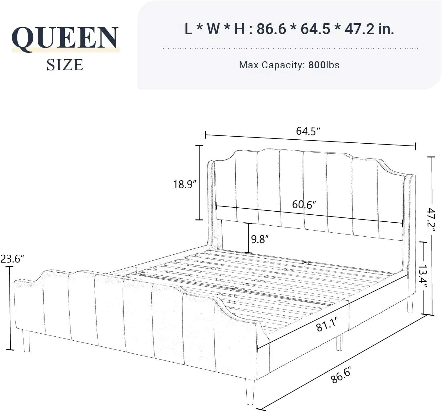 Tempat tidur Platform berlapis kain bingkai tempat tidur beludru ukuran Queen dengan sandaran kepala vertikal dan kaki kayu Solid dan penyangga bilah kuat