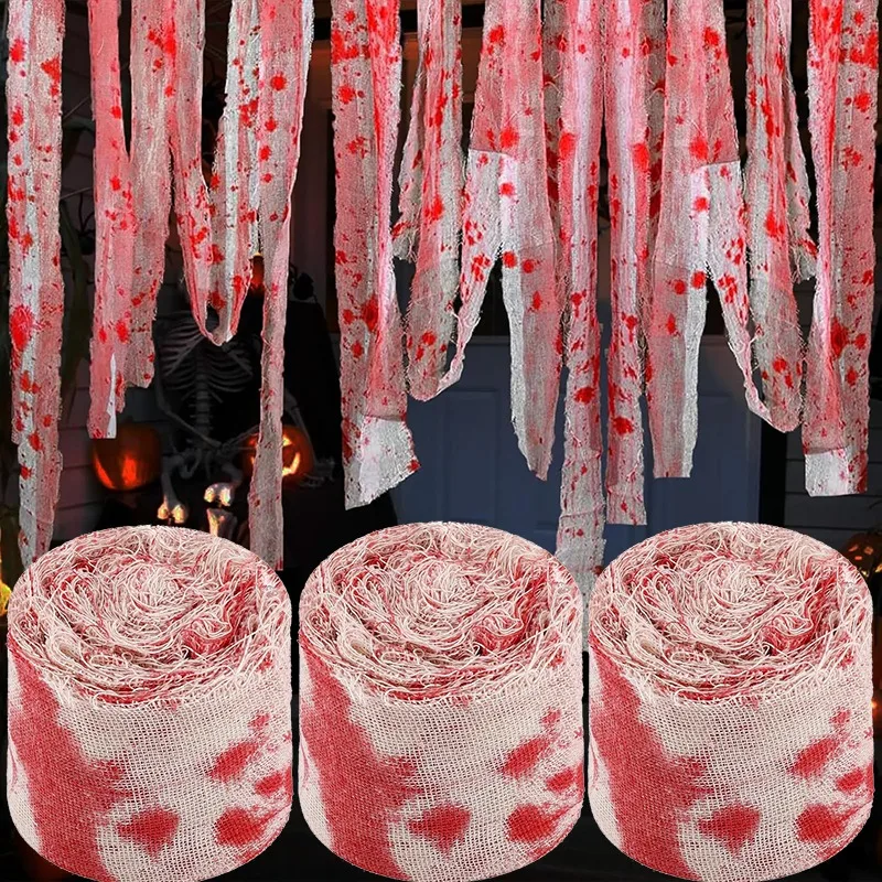 20/3M Halloween Blood Bandage Strips Artificial Blood Bandage Cloth Strip Horror Layout Props Secret Room Haunted House Decor