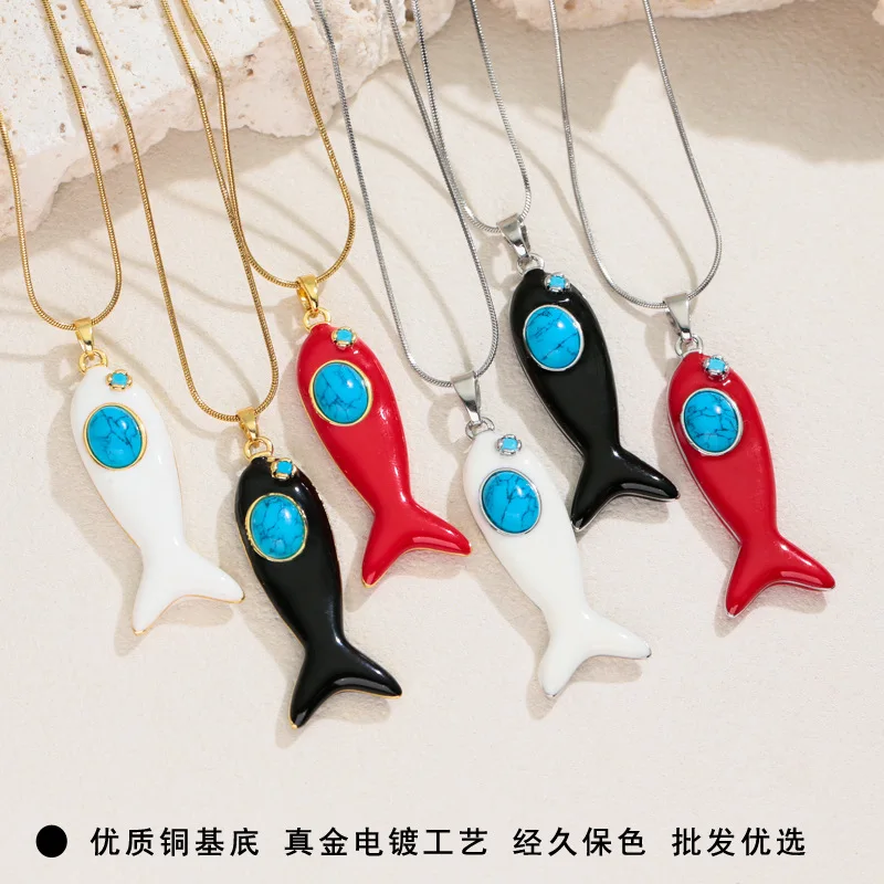 European and American New High-end Double-sided Oil Dripping Inlaid Blue Turquoise Fish Personality Simple and Versatile Pendant