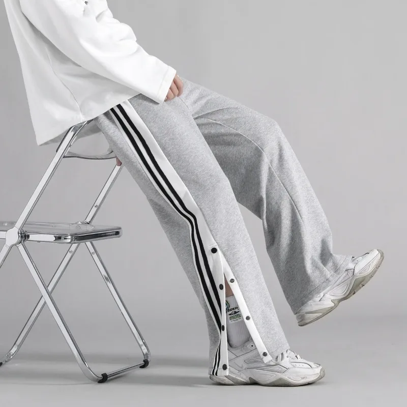 Spring Autumn Men's Solid Elastic High Waisted Striped Buttons Casual Loose Wide Leg Sportswear Trousers Fashion Vintage Pants