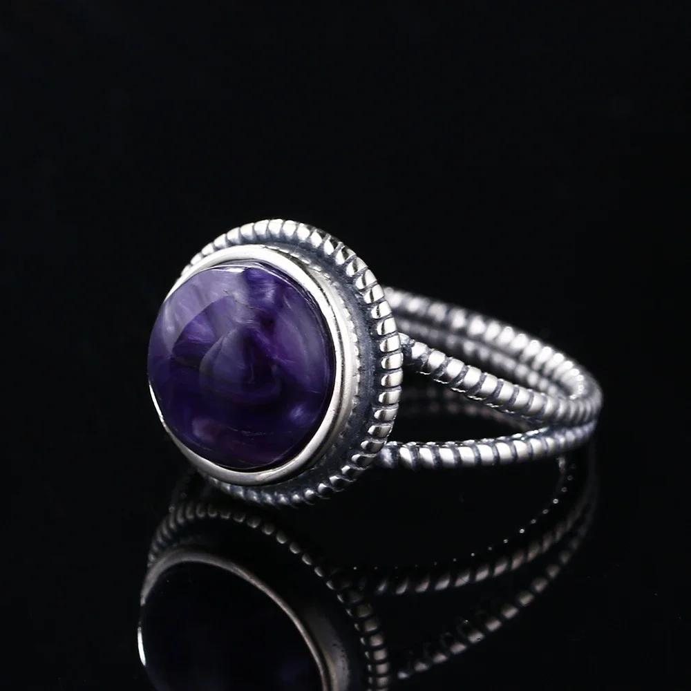 Natural Charoite S925 Silver Ring Vintage Style Purple Stone 10MM Round Engagement Retro Wedding Ring Gift Jewelry