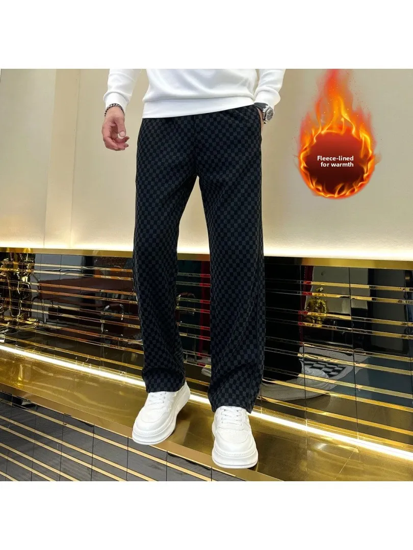 

Men's Winter Thiened Fce Lined Straight Leg Plaid Casual Pants High End Versatile Men's Clothing Straight Tube Casual Pants