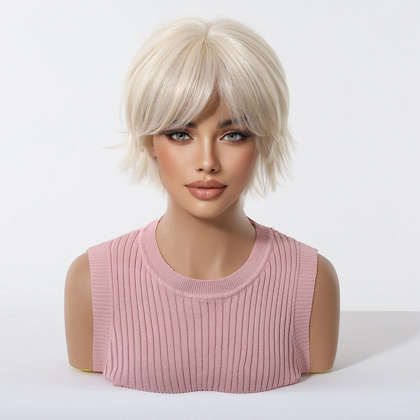Short Wave Creamy Blonde Wig With Bangs Pixie Cut Platinum Blonde Layered Shag Cut Synthetic Hair Heat Resistant Fiber Cosplay