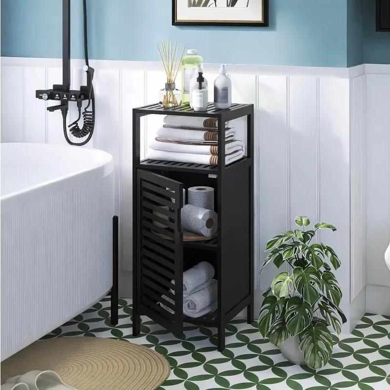 Small Bathroom Cabinet Floor Standing, 4 Tier Narrow Side Storage Cabinet, Space Saving Kitchen Cupboard with Single Door