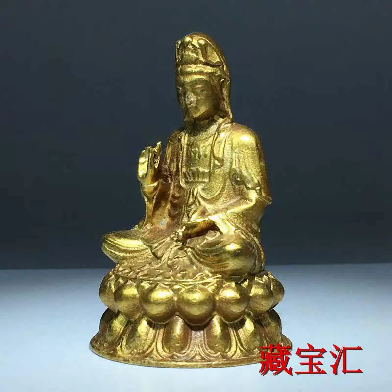Antique Old Tibetan Pure Copper Nanhai Sitting Lotus Guanyin Bodhisattva Statue Home Worship Blessing Fortune Decoration