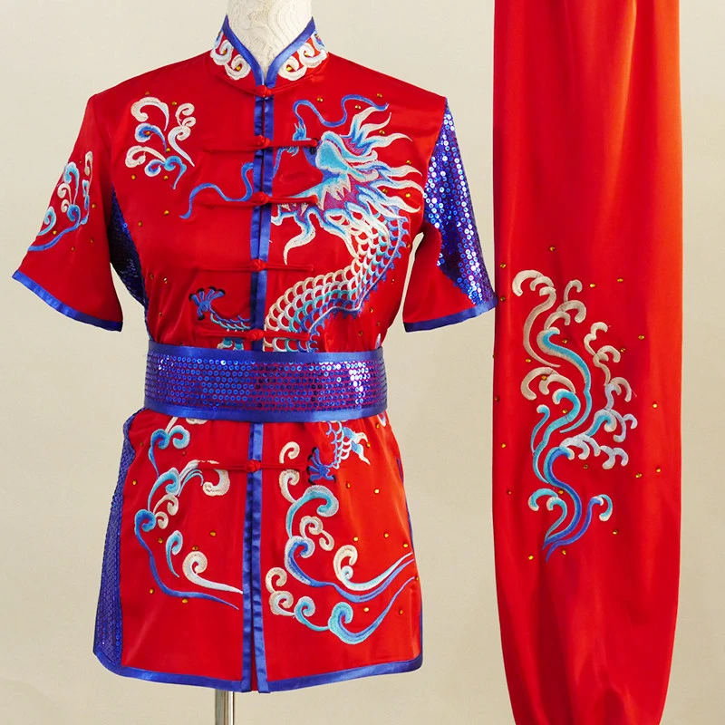 Custom Changquan Nanquan Martial Arts Uniform Dragon Embroidery Sequin Kids Adults Competition Performance Costume Men Women