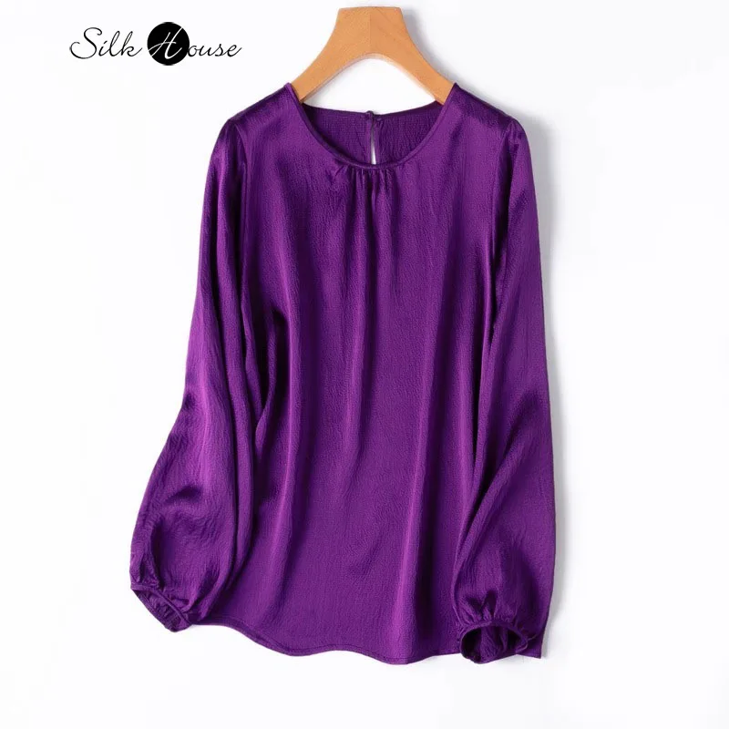 

Simple Style Glossy 100% Natural Mulberry Silk Pearl Satin Purple Round Neck Lantern Long Sleeved Women's Casual T-shirt