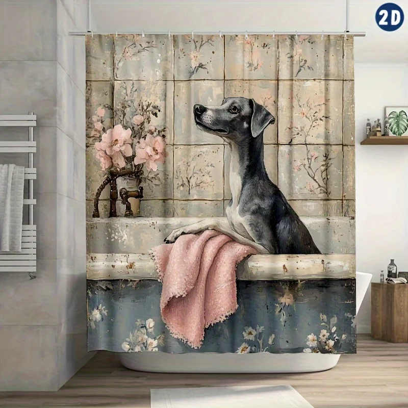 

Realistic Dog In Bathtub Shower Curtain Vintage Art Design Bathroom Decor Elegant Pet Print Waterproof Bath Curtain