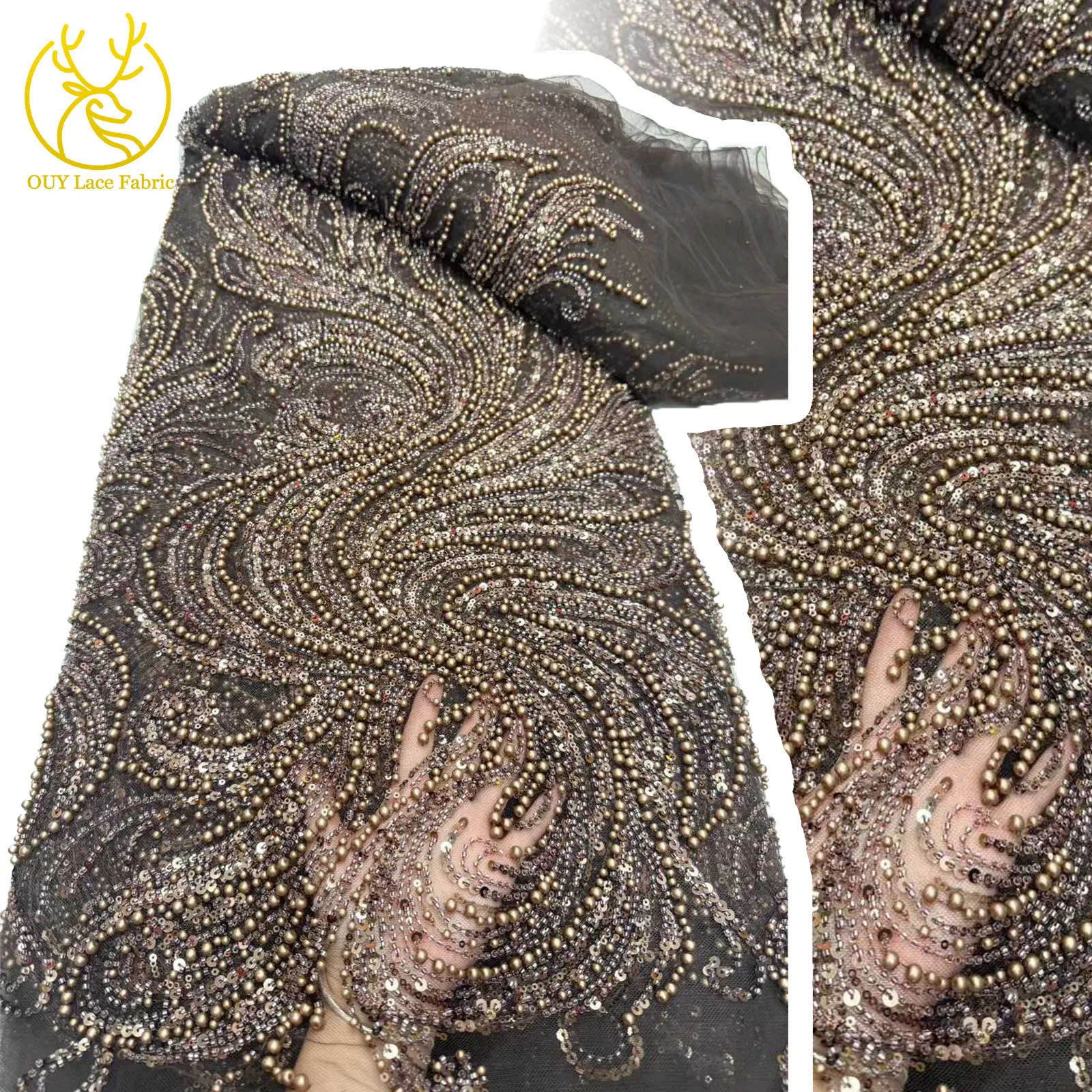 

2025 Latest Gorgeous African Hand Beaded Tulle Lace Fabric Luxury French Nigerian Sequins Mesh Lace Fabric for Party Dresses